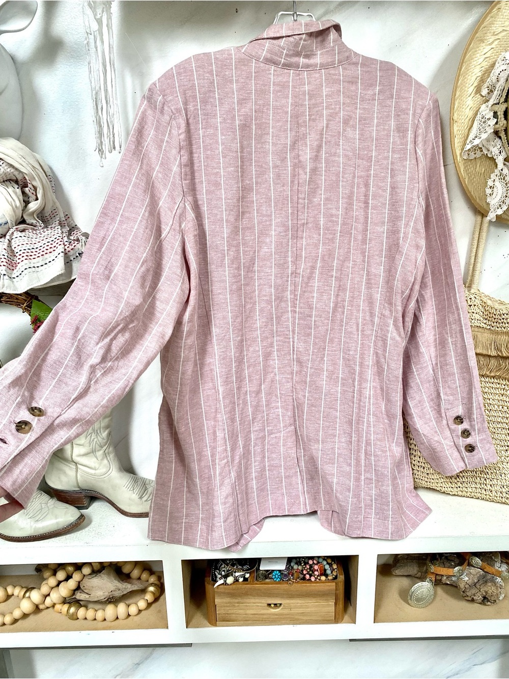 Blush LINEN boho blazer w resort vacay shabby chic summer vibe - Picture 11 of 15